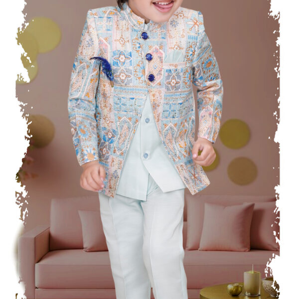 Minchu Boys’ Printed Indo Western Jacket Set with Kurta & Pant – Style 4243 T Blue (1–10 Years)
