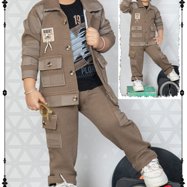 Minchu Boys Brown Casual Co-Ord Set for 0–3 Years | Stylish Jacket & Cargo Pants Outfit