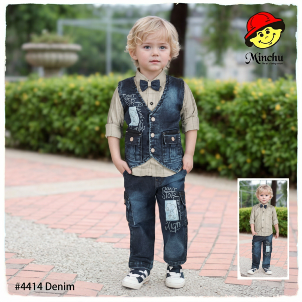 Minchu Boys Printed Denim Waistcoat Set (1–8 Years) | Shirt, Bow Tie & Printed Jeans 3-Piece OutfitMinchu Boys Printed Denim Waistcoat Set (1–8 Years) | Shirt, Bow Tie & Printed Jeans 3-Piece Outfit
