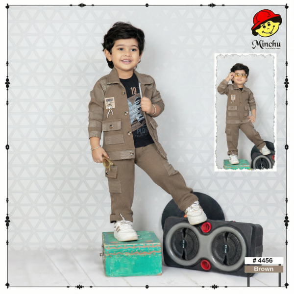 Minchu Boys Brown Casual Co-Ord Set for 0–3 Years | Stylish Jacket & Cargo Pants Outfit