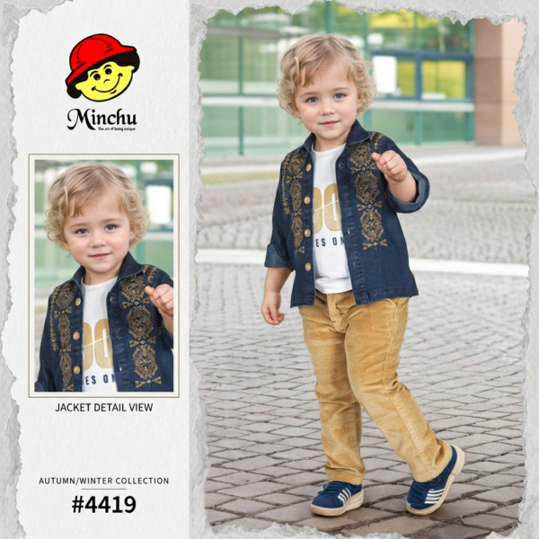Minchu Boys Denim  Set for 2 Year Old | Embroidered Denim Jacket, T-Shirt & Velvet Pant