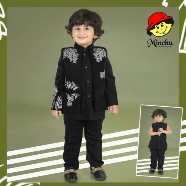 Minchu Boys Black Ethnic Suit – Designer Festive & Wedding Wear for Kids