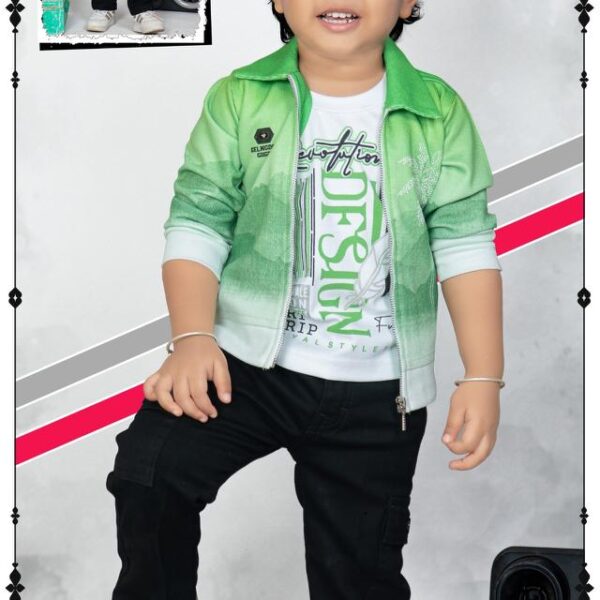 Minchu Boys Green Jacket Co-Ord Set with T-Shirt & Black Pants – Stylish Casual Wear for Kids