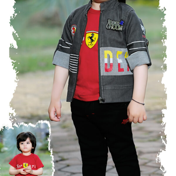 Minchu Boys Casual Black Jacket Set | Graphic T-Shirt, Jacket & Pants for Kids