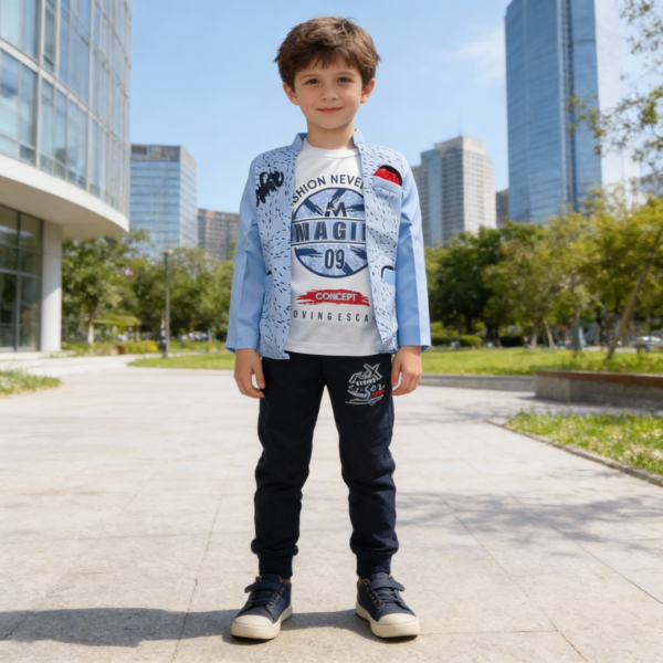 Minchu Boys Sky Blue 3-Piece Blazer Set with Printed T-Shirt & Pants