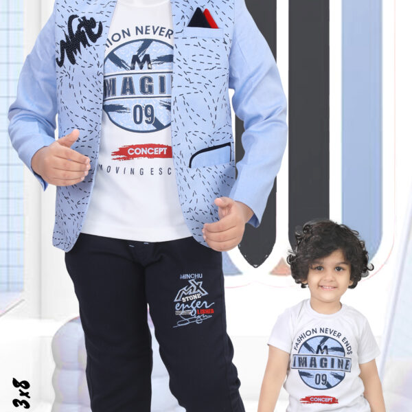 Minchu Boys Sky Blue 3-Piece Blazer Set with Printed T-Shirt & Pants