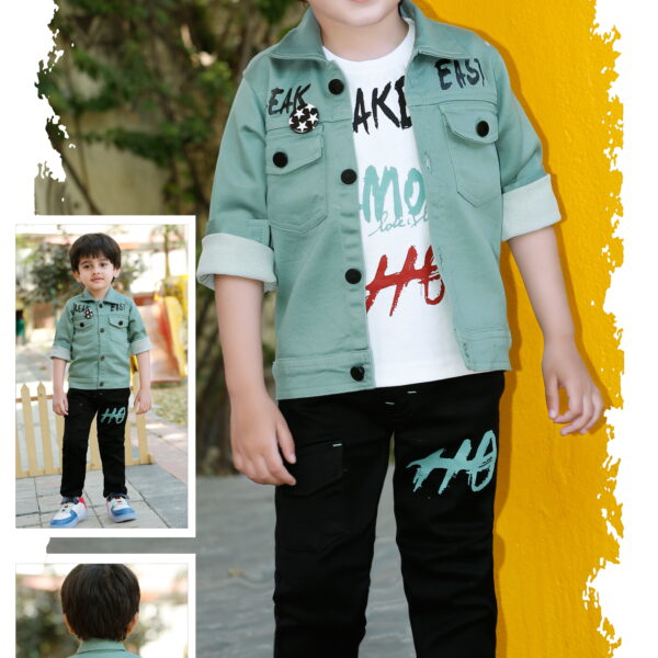 Minchu Boys Casual Jacket Set | Printed Shirt, Jacket & Black Pants for Kids 1-8 year old