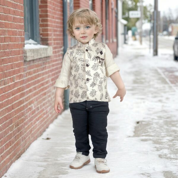 Boys Cream Printed Jacket Set with Shirt & Black Pants