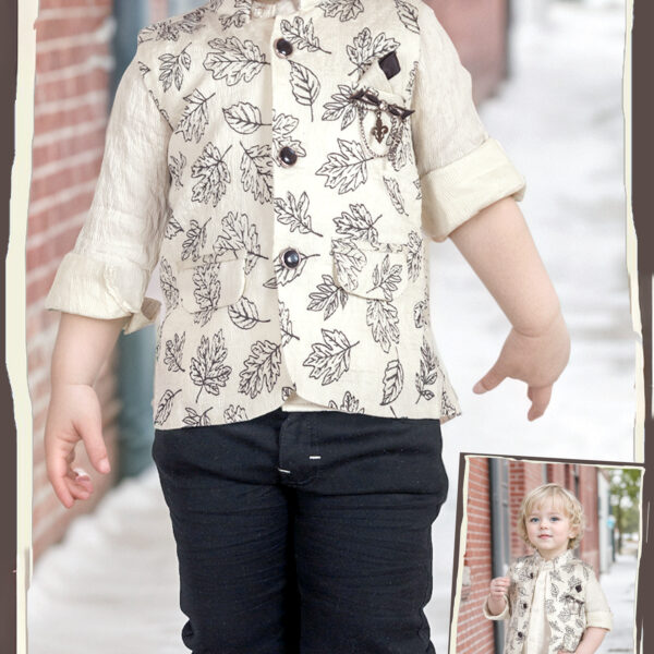 Boys Cream Printed Jacket Set with Shirt & Black Pants