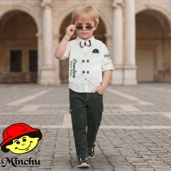 Minchu White waist coat with white printed shirt and green cargo broad bottom pant