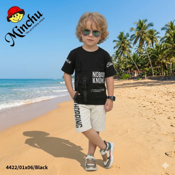 Minchu 4422/Black Boys Graphic Co-ord Set Black t shirt and White Capri (1–6 Years)