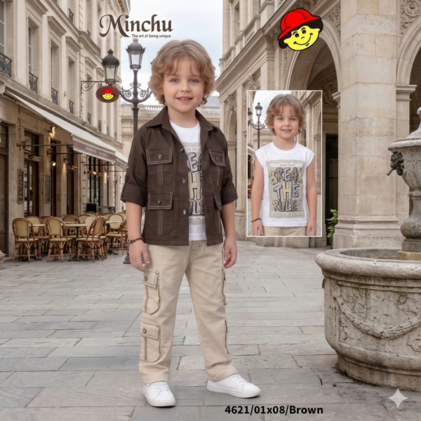 Boys Brown shirt with double pocket and Cream cargo pants