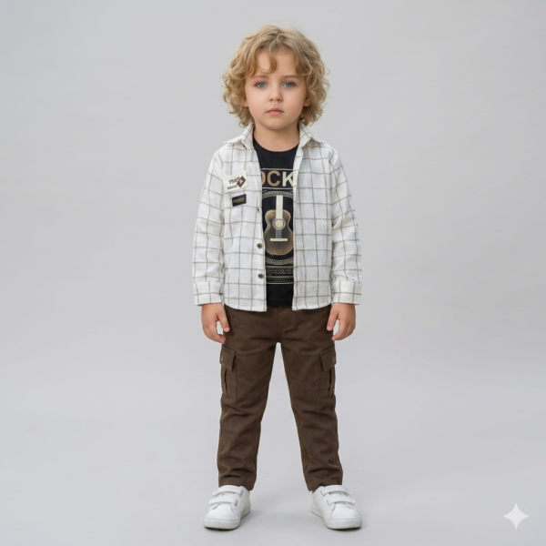 Minchu Boys suit cream shirt white T shirt and  Brown Cargo Pants