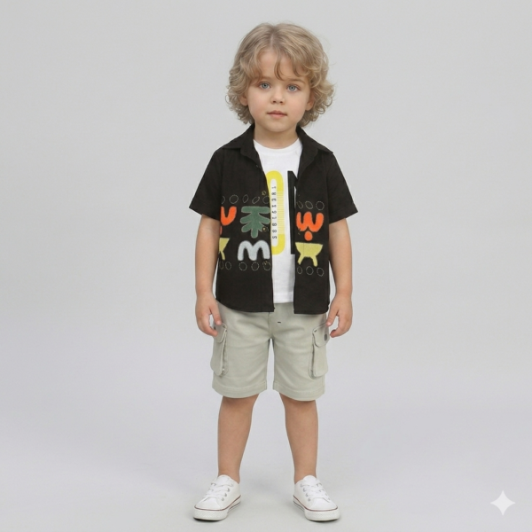 Boys half suit sets Black designer printed shirt White t shirt and cream Capri