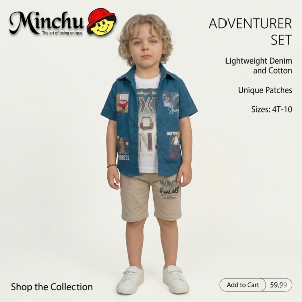 Minchu Boys Half Set Contrast Blue shirt white tshirt and cream Capri set